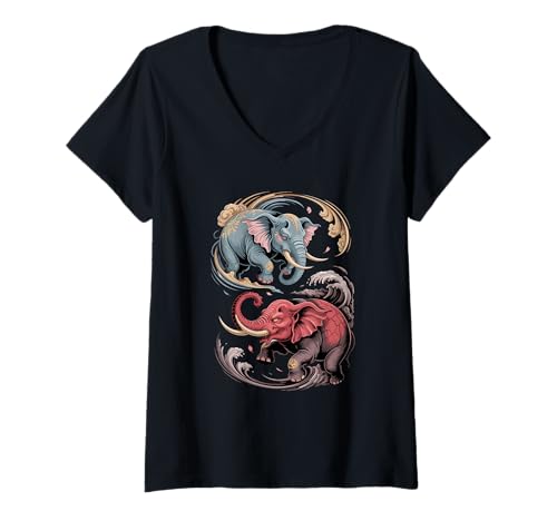 Damen Japanische Kunst Elefant Gut Und Teufel Elefanten T-Shirt mit V-Ausschnitt von Elephants Elephant Lover Gifts