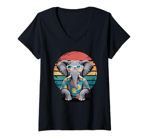 Damen Retro Elefant Sonnenbrille Hawaii Strand Sommerurlaub T-Shirt mit V-Ausschnitt Damen Retro Elefant Sonnenbrille Hawaii Strand Sommerurlaub T-Shirt mit V-Ausschnitt von Elephants Elephant Lover Gifts