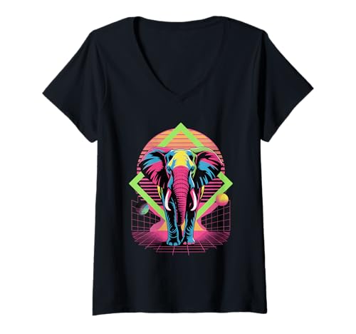 Damen Retro Synthwave Elefant Elefanten T-Shirt mit V-Ausschnitt Damen Retro Synthwave Elefant Elefanten T-Shirt mit V-Ausschnitt von Elephants Elephant Lover Gifts