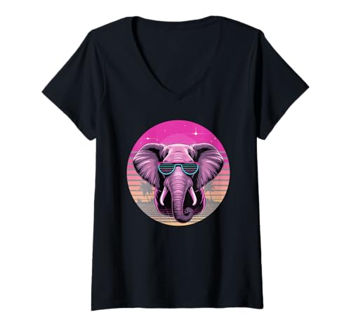 Damen Retro Synthwave Elefant Sonnenbrille Elefanten T-Shirt mit V-Ausschnitt Damen Retro Synthwave Elefant Sonnenbrille Elefanten T-Shirt mit V-Ausschnitt von Elephants Elephant Lover Gifts