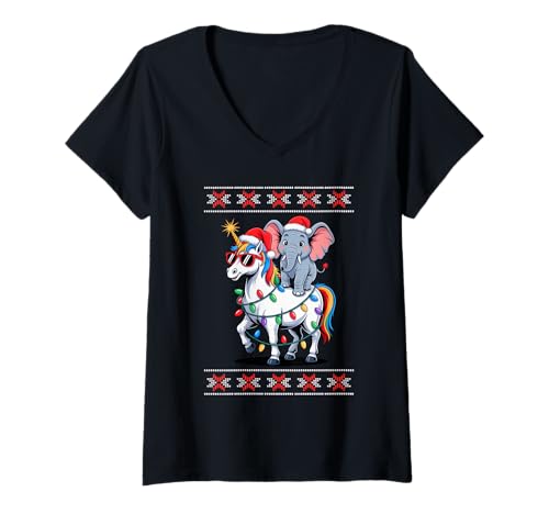 Damen Weihnachten Elefant Einhorn Sonnenbrille Elefanten T-Shirt mit V-Ausschnitt Damen Weihnachten Elefant Einhorn Sonnenbrille Elefanten T-Shirt mit V-Ausschnitt von Elephants Elephant Lover Gifts