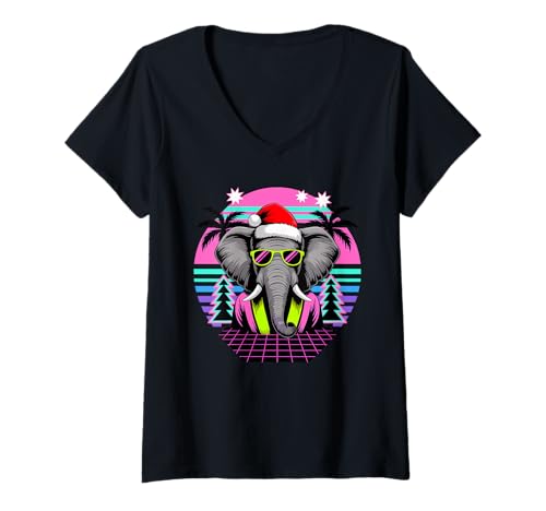 Damen Weihnachten Synthwave Elefant Sonnenbrille Elefanten T-Shirt mit V-Ausschnitt Damen Weihnachten Synthwave Elefant Sonnenbrille Elefanten T-Shirt mit V-Ausschnitt von Elephants Elephant Lover Gifts