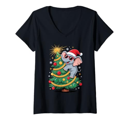 Damen Weihnachtsbaum Elefant Sonnenbrille Elefanten T-Shirt mit V-Ausschnitt Damen Weihnachtsbaum Elefant Sonnenbrille Elefanten T-Shirt mit V-Ausschnitt von Elephants Elephant Lover Gifts