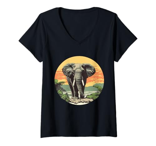 Damen Elefant in der Natur, Elefant T-Shirt mit V-Ausschnitt Damen Elefant in der Natur, Elefant T-Shirt mit V-Ausschnitt von Elephants and African Animals Design