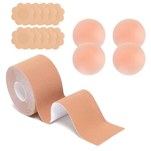 Elepl Brust Tape 5 Meter + 5 Paar Nippelpads + 2 Paar Klebe BH Brust Tape Body Tape für Grosse Brüste Boobietape für Abendkleider Rückenfrei Trägerlose Hochzeitskleid von Elepl