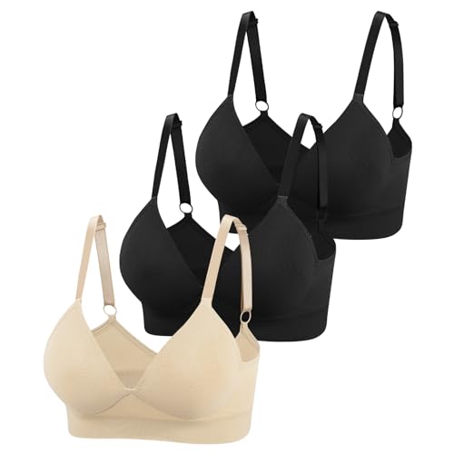 Eleplus 3er Pack Damen-BHS ohne Bügel Push Up Nahtloser BH V Ausschnitt Tshirt Schalen Bralette Verstellbar Unterwäsche für Alltag (2 Schwarz+Beige,M) von Eleplus