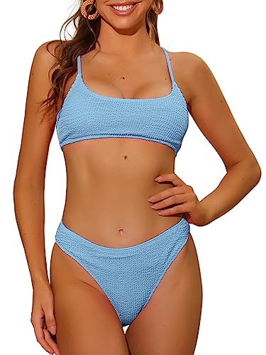 Elerevyo Damen 2-teiliges Geripptes Bikini Set Verstellbare Spaghettiträger Sport Bademode Badeanzüge Hellblau m von Elerevyo