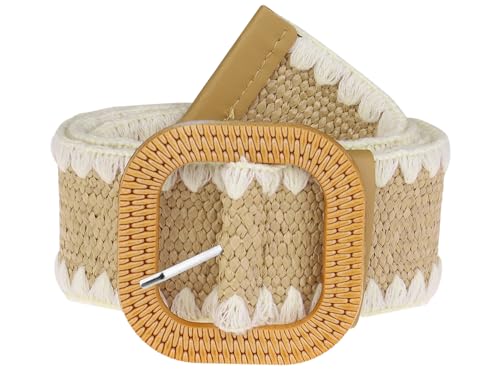 Elerevyo Damen Strohgürtel in Übergröße, elastisch, Stretch, breiter Taillengürtel, Boho, geflochtene Gürtel für Kleid, aprikose, Maximum Waist:145.0cm/57.1" von Elerevyo