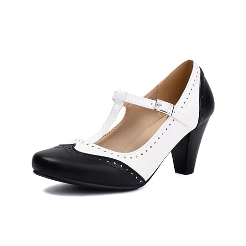 Elerhythm Damen Mary Jane Zweifarbig Klassisch und Retro Oxford Wingtip 1920er Jahre Pumps 1950er Vintage Runde Geschlossene Zehe 1940er Knöchelriemen Kleid Schuhe, Schwarz, 39 EU von elerhythm