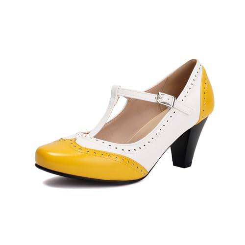 Elerhythm Damen Mary Jane Zweifarbig Klassisch und Retro Oxford Wingtip 1920er Jahre Pumps 1950er Vintage Runde Geschlossene Zehe 1940er Knöchelriemen Kleid Schuhe, gelb, 39.5 EU von elerhythm