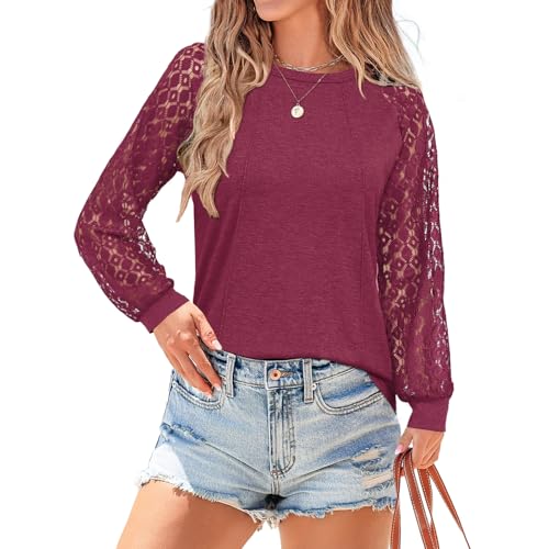 Elesomo Bluse Damen Rundhals Langarmshirts Spitzenärmel Oberteile Herbst Plissee T Shirts, Weinrot M von Elesomo