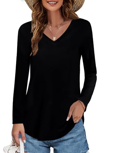 Elesomo Damen Longarmshirt V Ausschnitt T Shirt Baumwolle Oberteile Lang Tops, Schwarz XL von Elesomo