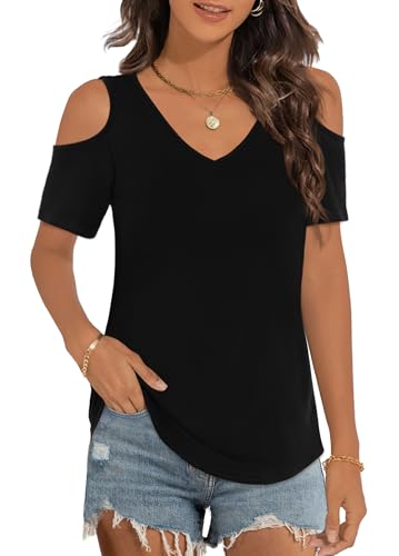 Elesomo Damen Oberteil Sommer Kurzarm T Shirt V Ausschnitt Cold Shoulder Bluse, Schwarz XXL von Elesomo