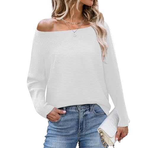 Elesomo Damen Pullover Boot-Ausschnitt Langarm Sweater Fledermausärmel Schulterfrei Pulli Elegante Gestrickt Oberteil, Weiß S-M von Elesomo