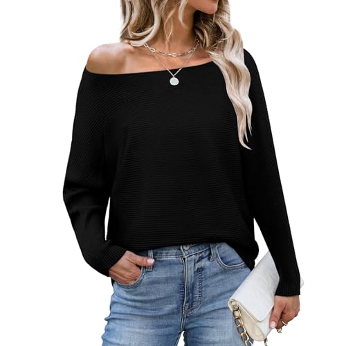 Elesomo Damen Strickpullover Off Shoulder Pullover Langarm Fledermausärmel Pulli Lässig Oberteile, Schwarz S-M von Elesomo