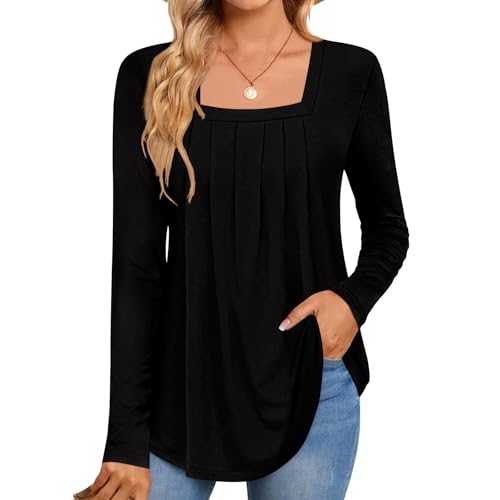Elesomo Damen T-Shirt Langarmshirts Lang Basic Herbst Eckiger-Ausschnitt Longshirt Bluse, Schwarz XXL von Elesomo