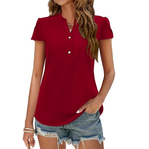 Elesomo Damenblusen Kurzarm T Shirt Elegant V Ausschnitt Sommer Tunika Blütenblattärmel Top, Rot L von Elesomo