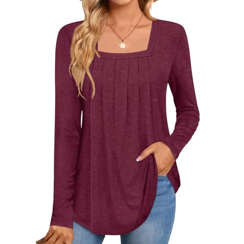 Elesomo Langarmshirts Damen Elegant Bluse Lässig Langarm Oberteile Plissee Eckiger Ausschnitt T-Shirts, Weinrot M von Elesomo