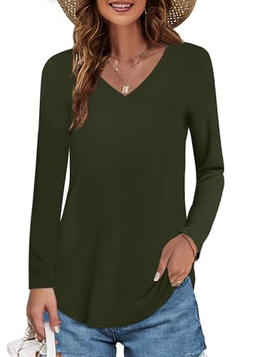 Elesomo Oberteile Damen Baumwolle T Shirt V Ausschnitt Langarm Tunika Tops, Armeegrün XXL von Elesomo