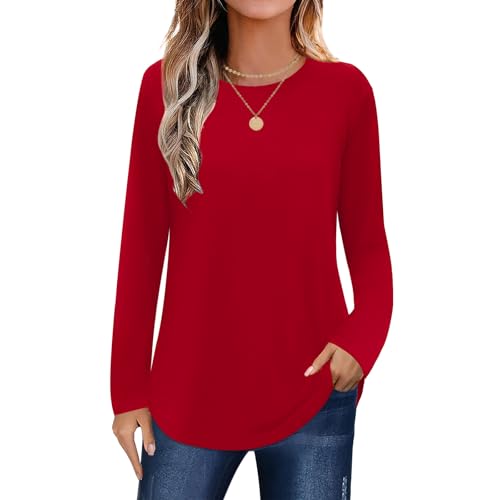 Elesomo Oberteile Damen Langarmshirts Rundhals Tshirts Lang Ärmel Basic Longshirt Baumwolle Tunika, Rot XXL von Elesomo