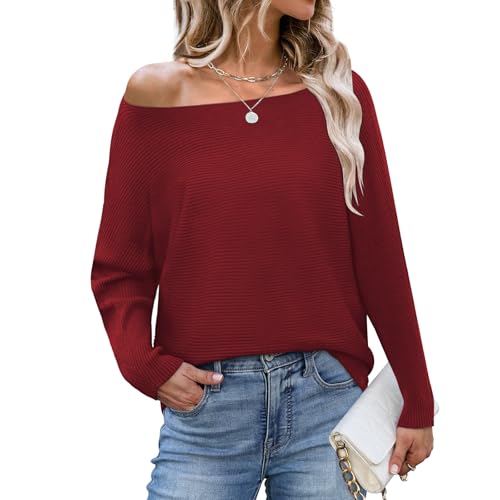 Elesomo Pullover für Damen U-Boot-Ausschnitt Strickpullover Fledermausärmel Pulli Oversize Sweater, Rot S-M von Elesomo