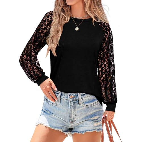 Elesomo Shirts für Damen Langarm mit Spitze Bluse Plissee Oberteile Rundhals Tshirts, Schwarz XXL von Elesomo