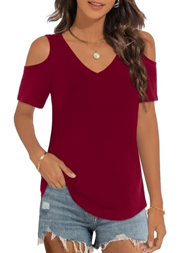Elesomo T Shirt Damen V Ausschnitt Kurzarm Oberteile Sommer Off Shoulder Tops, Weinrot XL von Elesomo