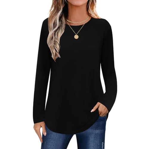 Elesomo Langarmshirts für Damen Langes T-Shirts für Leggings Rundhals Elegant Locker Obeiteile Tshirts, Schwarz XXL von Elesomo