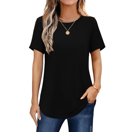 Elesomo Tshirt Damen Rundhals Kurzarm Longshirts Langes T Shirt Sommer Tunika für Leggings, Schwarz M von Elesomo