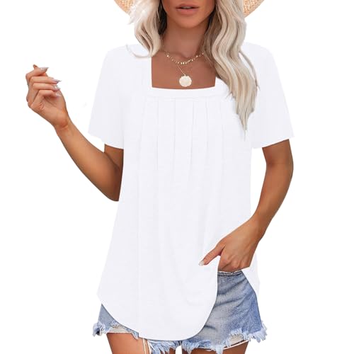 Elesomo Tunika Damen Kurzarm T Shirts Sommer Lässig Plissee Quadratisch Ausschnitt Bluse, Weiß M von Elesomo
