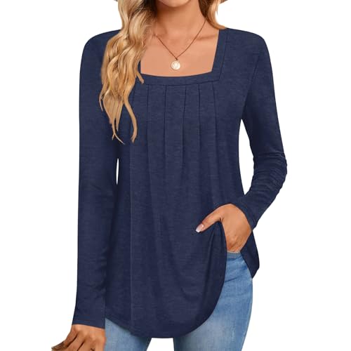 Elesomo Tunika Damen Langarm Bluse Lockere Tshirt Langes Oberteil Longsleeve Longshirt, Marineblau XXL von Elesomo