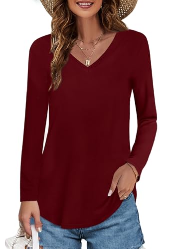 Elesomo Shirt für Damen Langarmshirt V Ausschnitt Oberteil Basic Baumwolle Tshirt Longshirt, Weinrot S von Elesomo