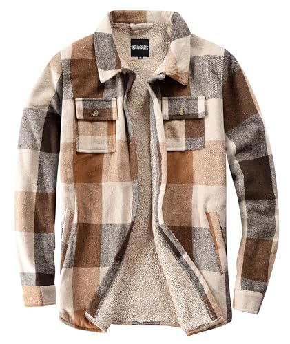 Elesuit Damen Sherpa Gefüttert Flanell Hemdjacke Plaid Button Down Jacke Mantel für Frauen mit Tasche, Helles Braun, X-Klein von Elesuit