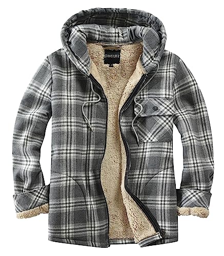 Elesuit Herren Full Zip Fleece Flanell Jacken Hemd Plaid Baumwolle Hoodies Weich Warm Mantel für Männer mit Kapuze, GRAU, M von Elesuit