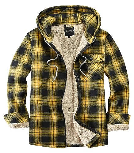 Elesuit Herren Full Zip Fleece Flanell Jacken Hemd Plaid Baumwolle Hoodies Weich Warm Mantel für Männer mit Kapuze, gelb, M von Elesuit