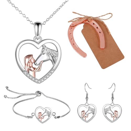 ElevaPulse Pferde Mädchen Geschenk, Mädchen Auf Dem Pferd, 4-Teiliges Schmuckset In Roségold, Halskette Armband Ohrringe Mit Glückssymbol, Halskette Geschenke Für Freundin Mutter Tochter von ElevaPulse