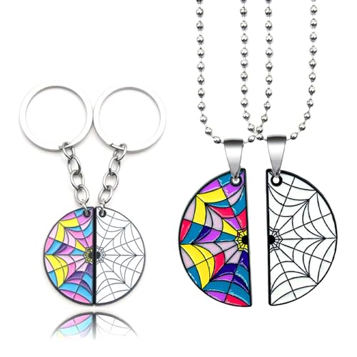 ElevaPulse Wednesday Schmuck Set, 2 Stück Spinnennetz Halskette Mit Schlüsselanhänger, Bff Matching Accessoires Für Frauen, Halloween Kostüm Zubehör, Freundschaftsgeschenk von ElevaPulse
