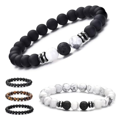 ElevaPulse Naturstein Perlenarmband Set für Herren, 5 Stück Perlenarmbänder Männer mit Tigerauge Mattiert Lavastein und mehr, elastisches Armband Schmuck – verstellbare und vielseitige Armbänder von ElevaPulse
