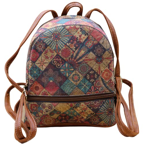 Rucksack aus Naturkork, mit doppeltem Reißverschluss, umweltfreundlich, vegan und biologisch abbaubar, lässig, elegant, sportlich, mit Mandala, Braun und weiß, S von Elevanty