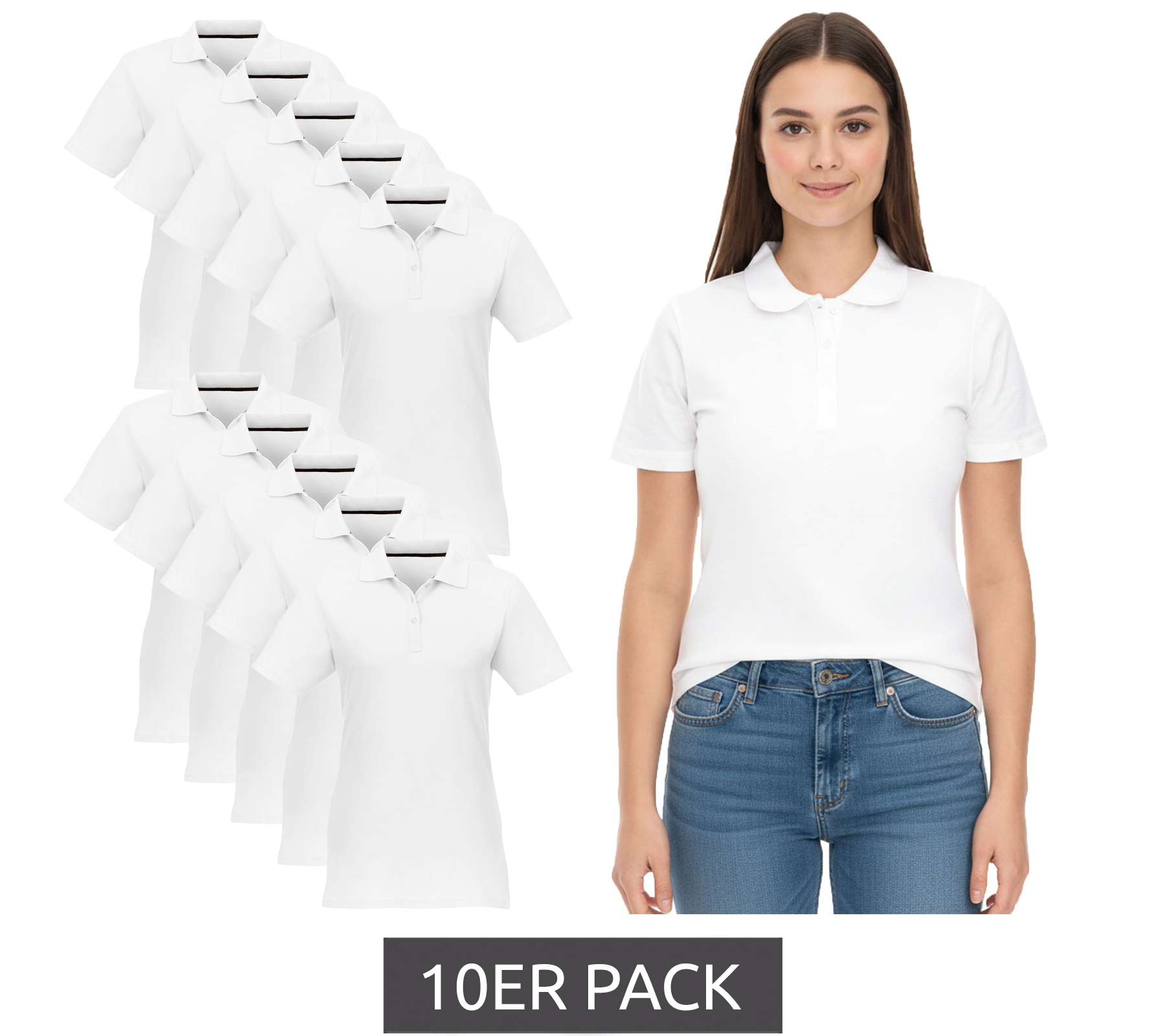 10er Pack ELEVATE Helios Damen Polo-Shirt Baumwolle Polo-Hemd Pique-Strick 180 g/m² Sparpack 3810701 Weiß von Elevate