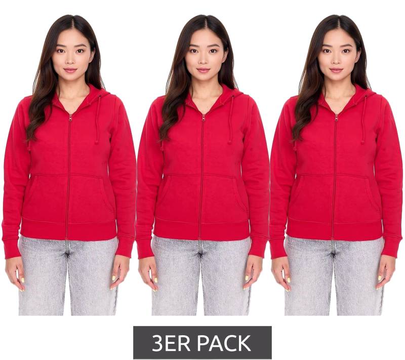 3er Pack ELEVATE Theron Damen Sweat-Jacke mit 240 g/m2 Baumwoll-Sweater Kapuzen-Pullover Hoodie Sparpack 3823025 Rot von Elevate