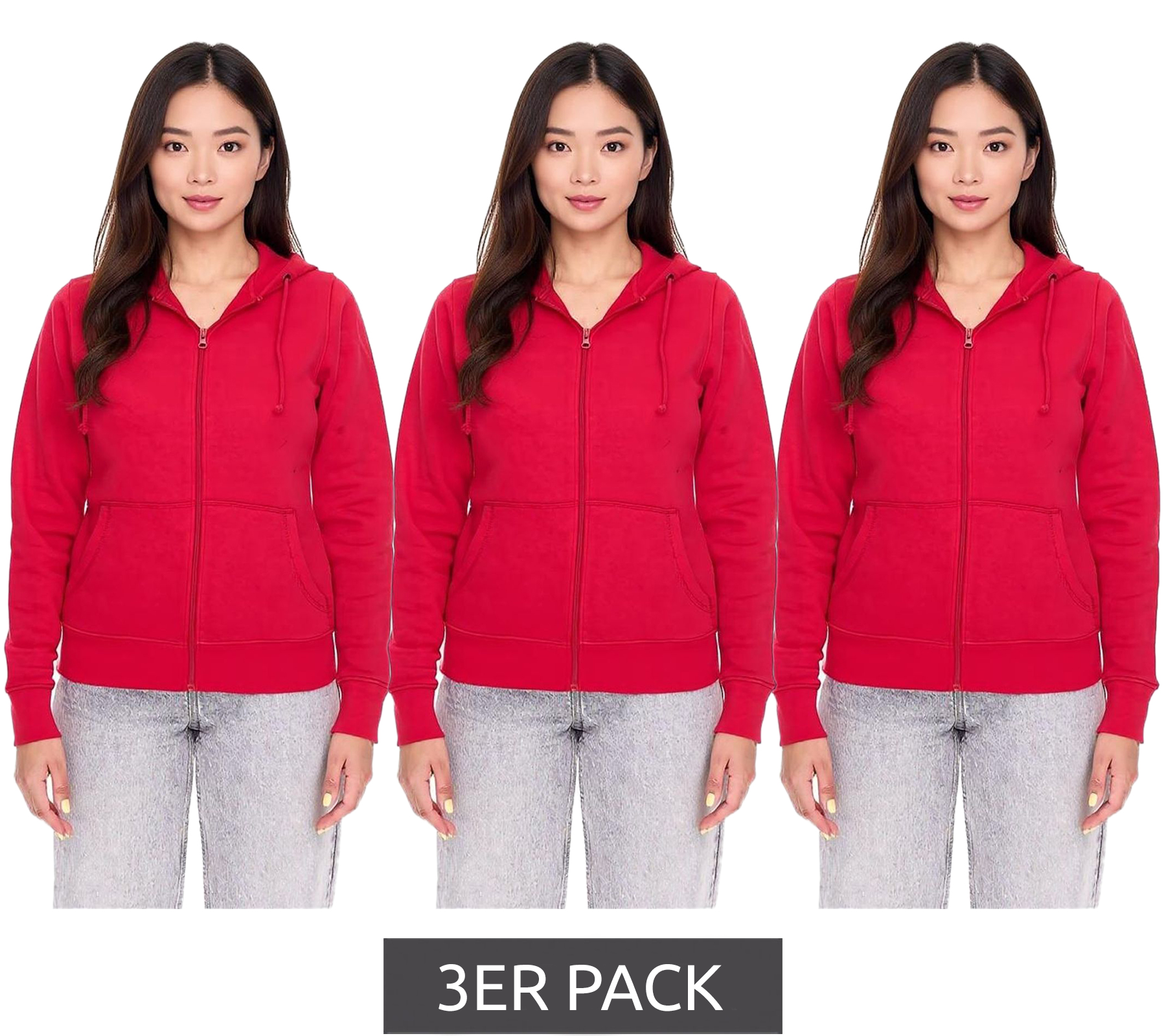 3er Pack ELEVATE Theron Damen Sweat-Jacke mit 240 g/m2 Baumwoll-Sweater Kapuzen-Pullover Hoodie Sparpack 3823025 Rot von Elevate