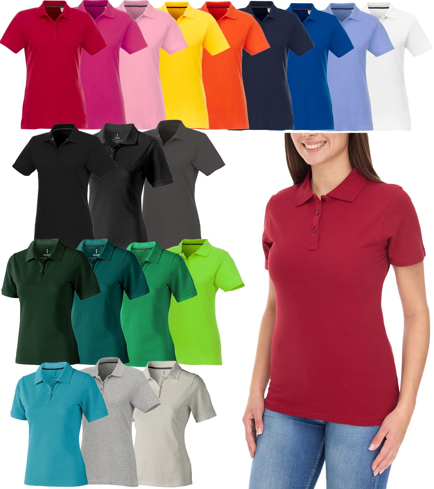ELEVATE Helios Damen Polo-Shirt Baumwolle Polo-Hemd Pique-Strick 180 g/m² 38107 in Weiß, Rot, Blau, Gelb, Pink, Orange, Grün, Grau, Beige oder Schwarz von Elevate