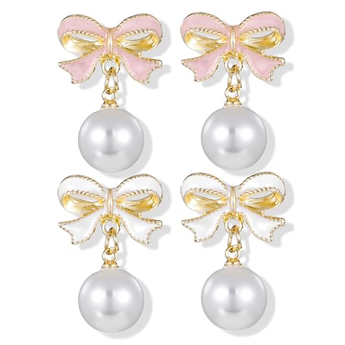 ElevateTech 2 Paar Bow Earrings Schleifen Ohrringe Trendige Rosa und Weiße SüßePerlenohrringe Schleife Perlen Ohrringe Zarte Zierliche Einfache Perlen Schleifen Schmuck für Women Hochzeit Party von ElevateTech