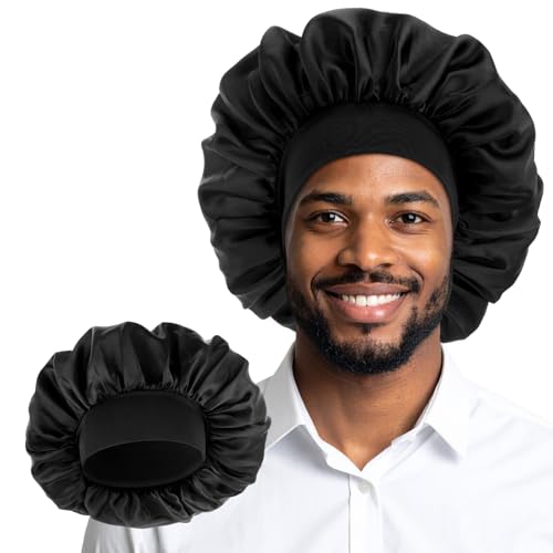 ElevateTech 2 Stück Schlafmütze Satin Bonnet Satinhaube Schwarze Seiden-Schlafhaube Mit Elastischem Band Weiche Duschhaube Satin-Gefüttert Verstellbare Seidenhaube Zum Schlafen Damen-Accessoires von ElevateTech
