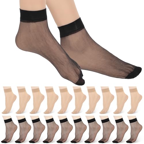 ElevateTech 20 Paar Damen-Socken Knöchelhoch Durchscheinend Nylon-Socken für Damen Kurz Sommer Dünn Durchsichtig Wadenhoch Strumpfwaren mit Verstärktem Zehenbereich (Nude, Schwarz) von ElevateTech