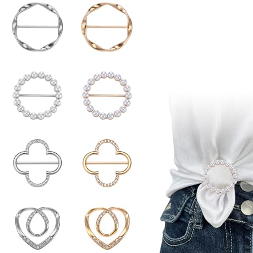 ElevateTech 8 Stück Schnalle Glitzer Brosche T Shirt Clip Schnalle Schal Ring Clip Mode Kleidungsecke Knotenknopf für Damen Mode Metall Rundkreis Hemdclip Schnalle Taillengürtel Clips Straffer von ElevateTech
