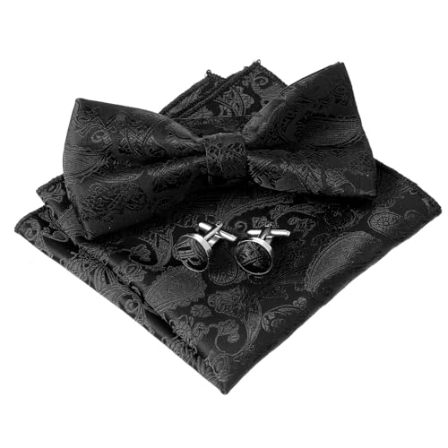 ElevateTech Einfarbig Fliege und Einstecktuch mit 3er-Set Quadratisch Gewebt Verstellbar Vorgebunden Mit Manschettenknöpfen Accessoires Smoking Fliegen Bankett Party (Schwarz) von ElevateTech