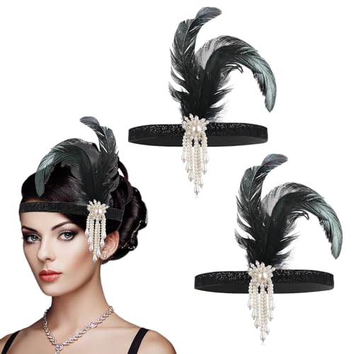 ElevateTech 2 Pcs 1920er Feder Stirnband Deman 20er Jahre Flapper Stirnband Schwarz Kopfbedeckung Mode Perlen Feder Flapper Haarschmuck Haarband for Frauen Gatsby Kostüm Accessoires Halloween von ElevateTech