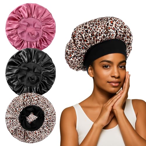ElevateTech Seidenhaube zum Schlafen, 3 Stück Schlafhaube Seide Elastisches Band Seide Schlafmütze Bonnet Nacht Schlaf Mütze Verstellbare Schlafkappe Weiche Kopfhaube Satin Haarhaube für Damen Männer von ElevateTech